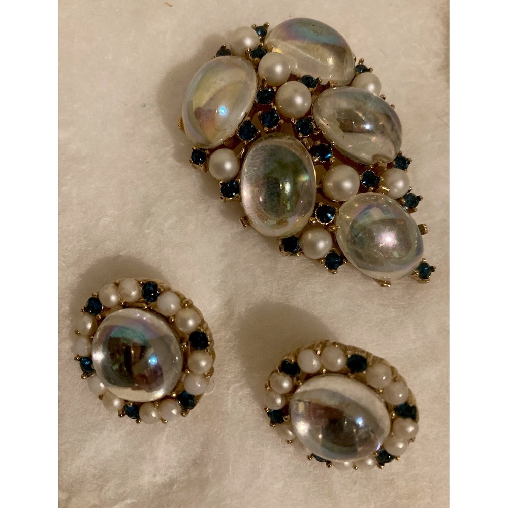 Vintage Trifari Alfred Philippe Moonstone Brooch & Earrings Set Jewelry 1950's - Picture 6 of 6